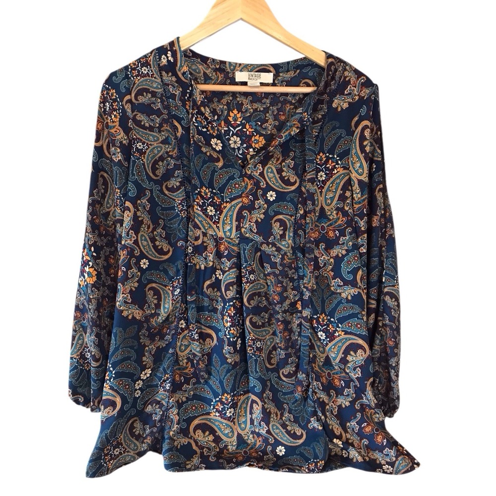 Vintage America‎ Women's LS Shirt Boho Navy Floral Boho Cold Shoulder Sz Large